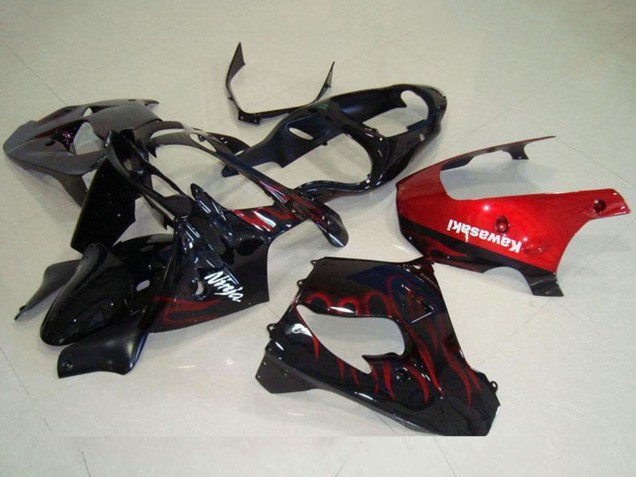 2000-2001 Kawasaki ZX9R Motorcycle Fairing - Glossy Black Red Flame