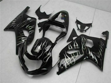 Affordable 2001-2003 Suzuki GSXR 600/750 Motorcycle Fairings - Glossy Black Silver Flame