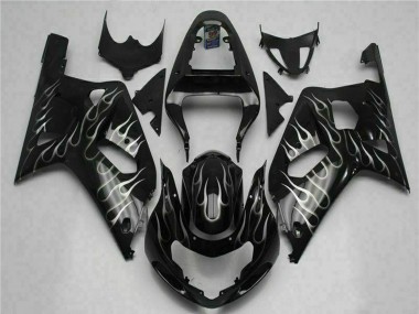 Affordable 2001-2003 Suzuki GSXR 600/750 Motorcycle Fairings - Glossy Black Silver Flame