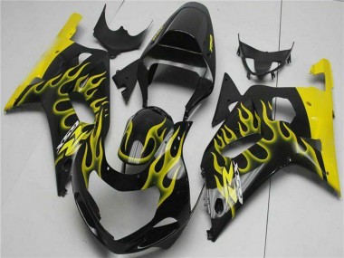 Affordable 2001-2003 Suzuki GSXR 600/750 Motorcycle Fairings - Glossy Black Yellow Flame