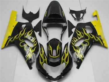 Affordable 2001-2003 Suzuki GSXR 600/750 Motorcycle Fairings - Glossy Black Yellow Flame
