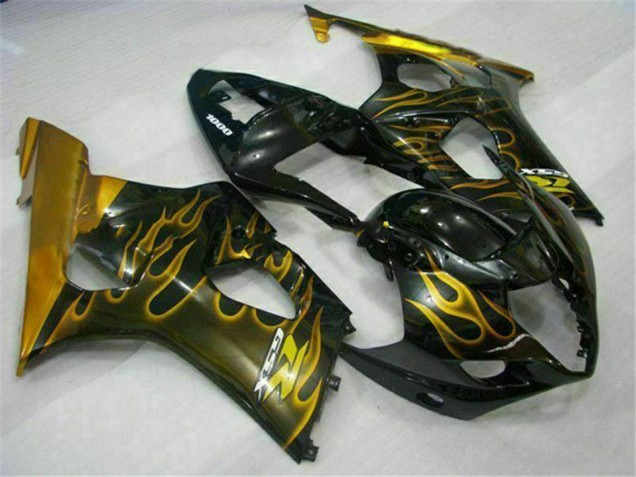 2003-2004 Suzuki GSXR 1000 Motorcycle Fairings - Glossy Black Gold Flame