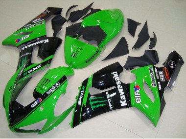 Affordable 2005-2006 Kawasaki ZX6R Motorcycle Fairings - Green Glossy Black Elf Monster