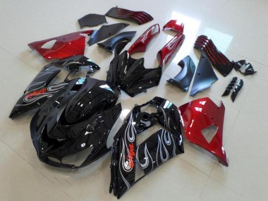 Affordable 2006-2011 Kawasaki ZX14R ZZR1400 Motorcycle Fairings - Red Glossy Black Silver Flame