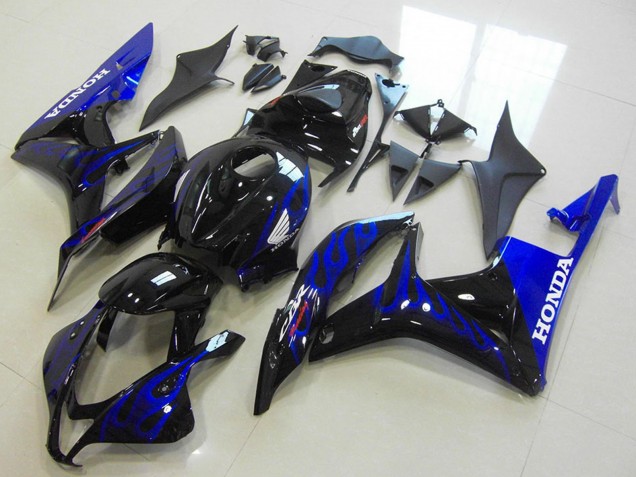 2007-2008 Honda CBR600RR Motorcycle Fairings - Glossy Black Blue Flame