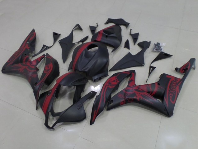2007-2008 Honda CBR600RR Motorcycle Fairings - Matte Black Red Skull with Stripe