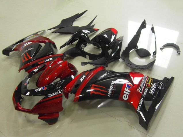 2008-2012 Kawasaki ZX250R Motorcycle Fairings - Candy Red Glossy Black Elf Touch4 Monster