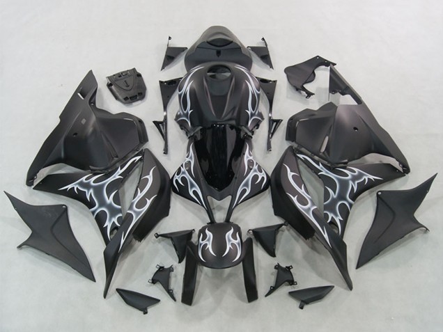 2007-2008 Honda CBR600RR Motorcycle Fairings - Matte Black Silver Flame