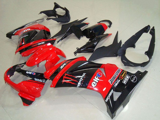 2008-2012 Kawasaki ZX250R Motorcycle Fairings - Red Glossy Black Elf Touch4 Monster