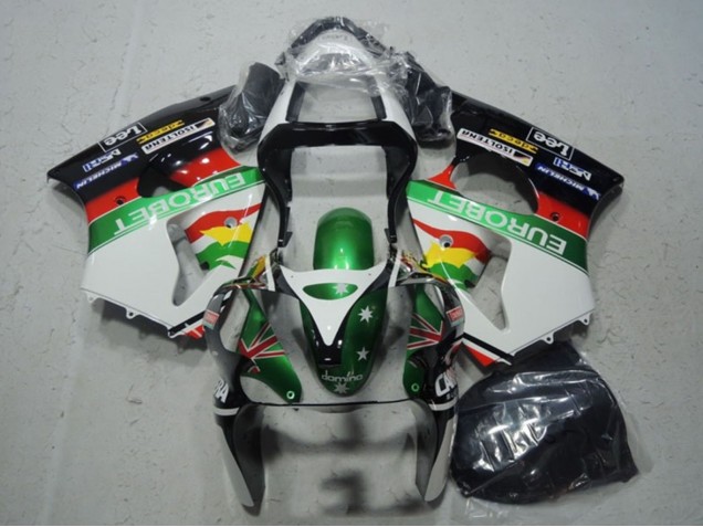 2000-2002 Kawasaki ZX6R Motorcycle Fairings - White Green Red Yellow Black Star EuroBet