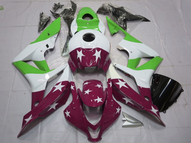 2007-2008 Honda CBR600RR Motorcycle Fairings - White Green Maroon Red Stars Stripe