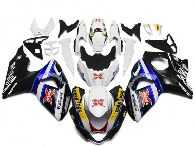 Affordable 2009-2016 Suzuki GSXR 1000 Motorcycle Fairings - White Blue Black SPIDI Dark Dog