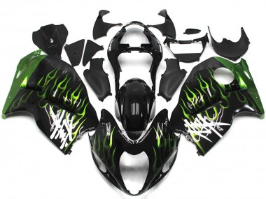 Affordable 1996-2007 Suzuki GSXR 1300 Motorcycle Fairings - Glossy Black with Deep Green Flame
