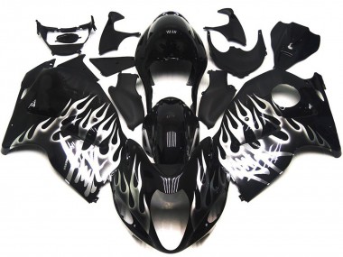 Affordable 1996-2007 Suzuki GSXR 1300 Motorcycle Fairings - Glossy Black with Silver Flame