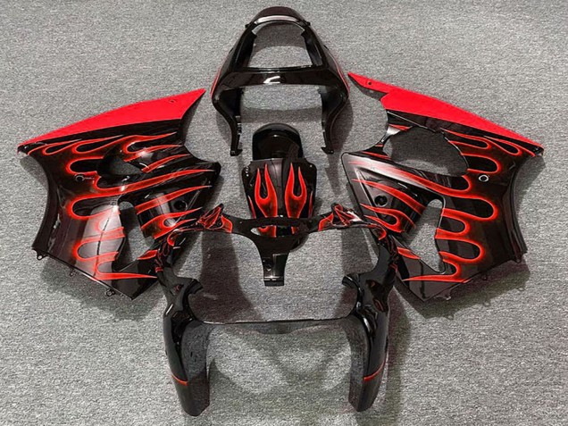 2000-2002 Kawasaki ZX6R Motorcycle Fairings - Glossy Black Red Flame