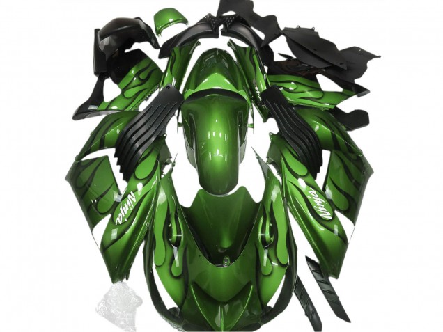 2006-2011 Kawasaki ZX14R Motorcycle Fairings - Green Black Flame