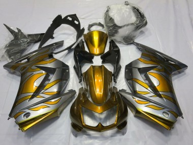 Affordable 2008-2012 Kawasaki Ninja 250 Motorcycle Fairings - Silver Gold Flame
