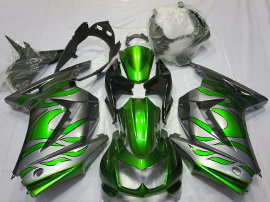 Affordable 2008-2012 Kawasaki Ninja 250 Motorcycle Fairings - Silver Green Flame