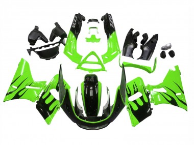 Affordable 1998-2003 Kawasaki ZZR600 Motorcycle Fairings - Green Glossy Black Flame