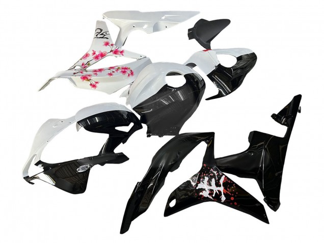2007-2008 Honda CBR600RR Motorcycle Fairings - White Cherry Blossom Glossy Black Split