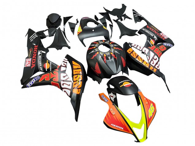 2007-2008 Honda CBR600RR Motorcycle Fairings - Matte Black Orange Red Rossi Repsol 46