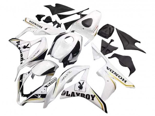 2007-2008 Honda CBR600RR Motorcycle Fairing - White Gold Glossy Black Playboy