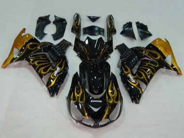 Affordable 2006-2011 Kawasaki ZX14R ZZR1400 Motorcycle Fairings - Glossy Black Gold Flame