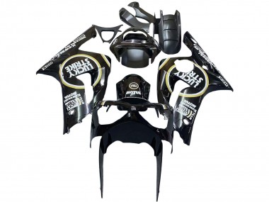 Affordable 2003-2004 Kawasaki ZX6R Motorcycle Fairings - Glossy Black White Motul Lucky Strike