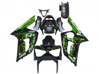 Affordable 2003-2004 Kawasaki ZX6R Motorcycle Fairings - Glossy Black Green Flame