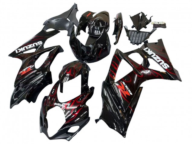 2007-2008 Suzuki GSXR 1000 Motorcycle Fairings - Black Red Flame