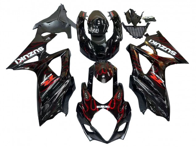 2007-2008 Suzuki GSXR 1000 Motorcycle Fairings - Black Red Flame