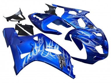 Affordable 2001-2003 Suzuki GSXR 600 / GSXR 750 Motorcycle Fairings - Blue with White Flame