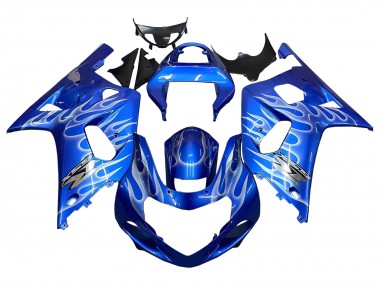Affordable 2001-2003 Suzuki GSXR 600 / GSXR 750 Motorcycle Fairings - Blue with White Flame
