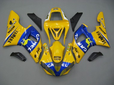 Affordable 2000-2001 Yamaha YZF 1000 R1 Motorcycle Fairings - White Yellow Blue Motul Camel