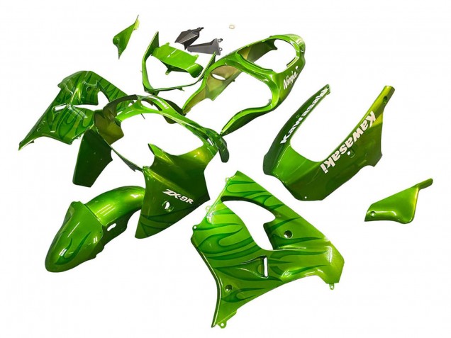 2000-2001 Kawasaki ZX9R Motorcycle Fairings - Green Flame
