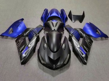 Affordable 2006-2011 Kawasaki ZX14R ZZR1400 Motorcycle Fairings - Matte Black Blue Silver Flame