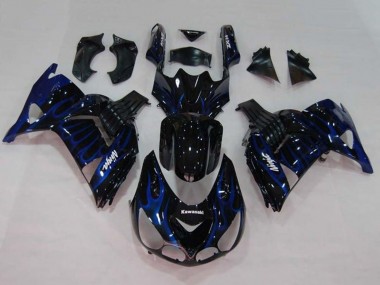 Affordable 2006-2011 Kawasaki ZX14R ZZR1400 Motorcycle Fairings - Glossy Black Blue Flame
