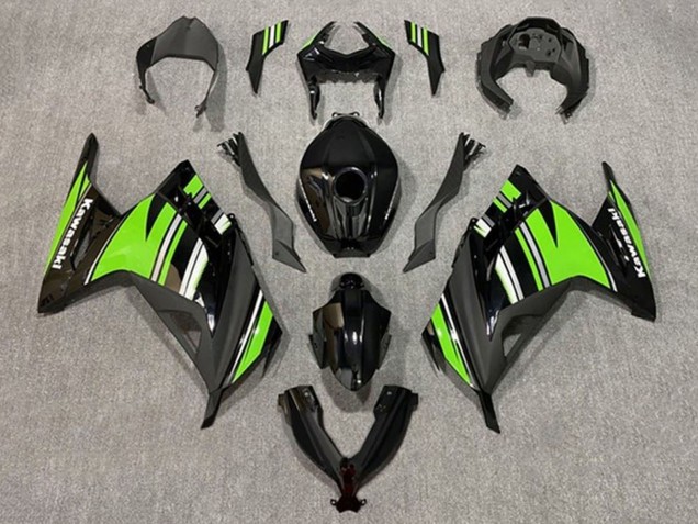2013-2024 Kawasaki EX300 Motorcycle Fairings - Glossy Black Green White Stripe