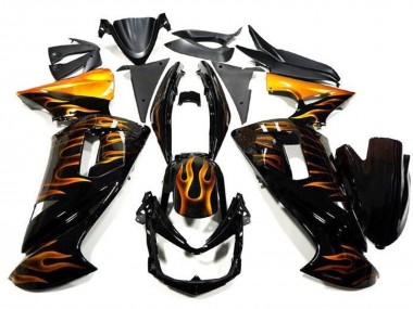 Affordable 2006-2008 Kawasaki Ninja 650 EX650 Motorcycle Fairings - Glossy Black Gold Flame