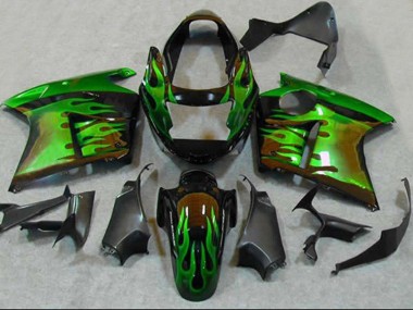 Affordable 1996-2007 Honda CBR1100XX Blackbird Motorcycle Fairings - Glossy Black Green Flame