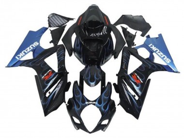 Affordable 2005-2006 Suzuki GSXR 1000 Motorcycle Fairings - Black Light Blue Flame