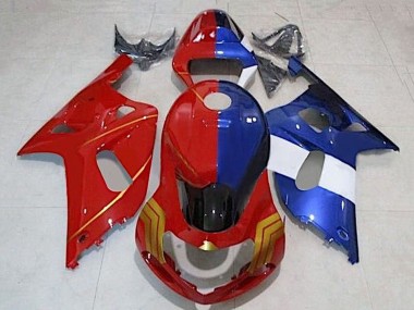 Affordable 2001-2003 Suzuki GSXR 600 / GSXR 750 Motorcycle Fairings - Red Blue Split Gold
