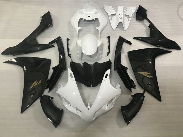 2007-2008 Yamaha YZF 1000 R1 Motorcycle Fairings - White Faux Carbon Fiber Gold Decal