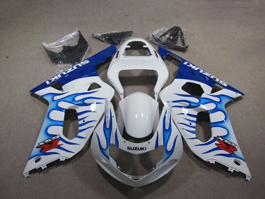 Affordable 2001-2003 Suzuki GSXR 750 Motorcycle Fairings - White Blue Flame