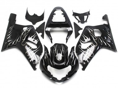 Black and White Gloss Flame 01-03 Suzuki GSXR 600-750 Fairings