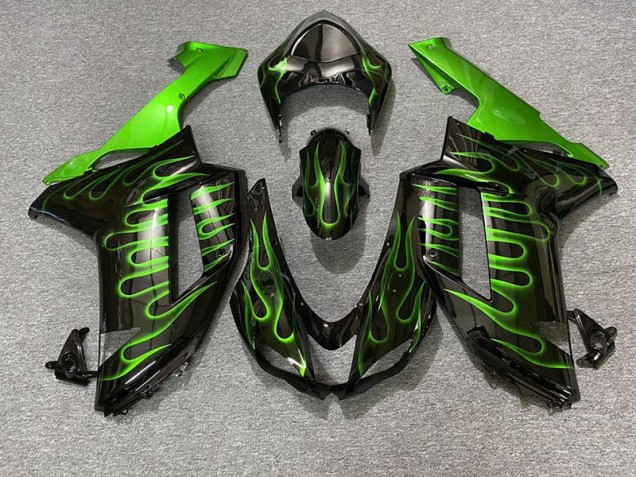 Gloss Black & Green Flame 07-08 Kawasaki ZX6R Fairings Gloss Black & Green Flame 07-08 Kawasaki ZX6R Fairings